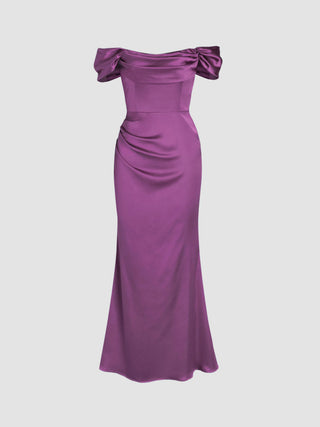 Satin Sculptural Ruched Off-shoulder Mermaid Maxi Dress