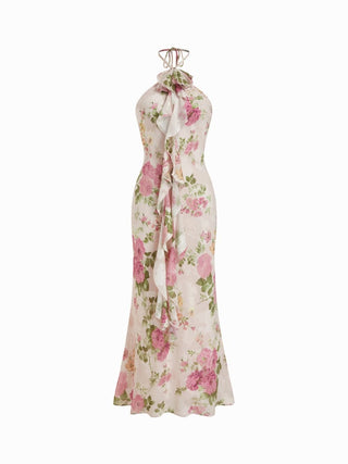 Chiffon Jacquard Floral Halter Neckline Ruffle Mermaid Maxi Dress