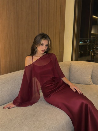 Satin Off-shoulder Cloak Sleeve Wrap Mermaid Maxi Dress