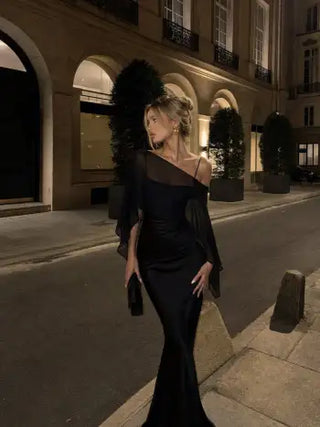 Satin Off-shoulder Cloak Sleeve Wrap Mermaid Maxi Dress