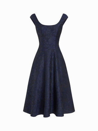 Jacquard Floral Square Neck Textured Flared Midi Dress