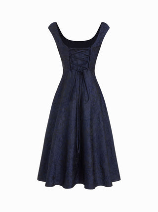 Jacquard Floral Square Neck Textured Flared Midi Dress