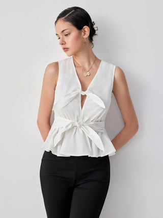 Tie Front V-Neck Peplum Sleeveless Top