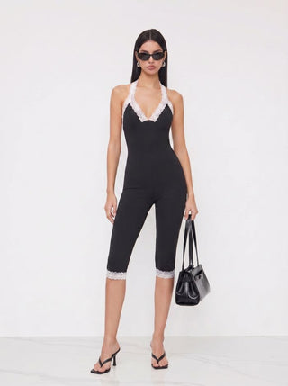 Halter Neckline Lace Trim Mid Rise Leggings Jumpsuit