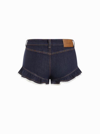 Stretch Denim High Rise Ruffled Lace Trim Metal Detail Shorts