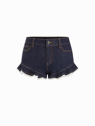 Stretch Denim High Rise Ruffled Lace Trim Metal Detail Shorts