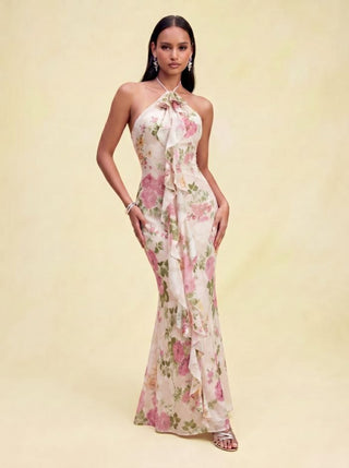 Chiffon Jacquard Floral Halter Neckline Ruffle Mermaid Maxi Dress
