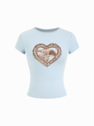 Cotton-blend Heart Bunny Graphic Lace Trim Tee