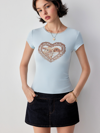 Cotton-blend Heart Bunny Graphic Lace Trim Tee