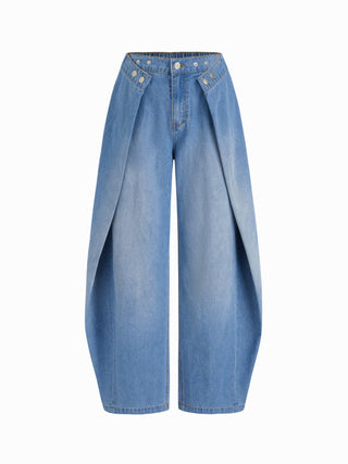 Denim Low Rise Washed Ruched Metal Detail Barrel-leg Jeans