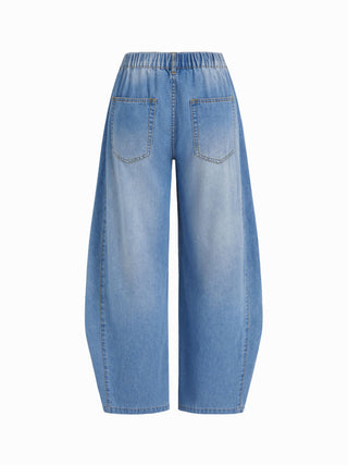 Denim Low Rise Washed Ruched Metal Detail Barrel-leg Jeans
