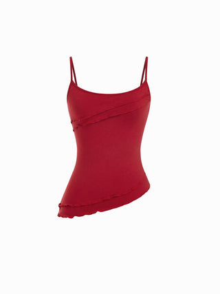 Cotton-blend Scoop Neckline Rosette Ruffle Asymmetrical Hem Cami Top