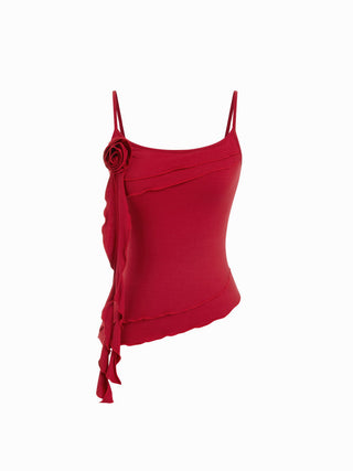 Cotton-blend Scoop Neckline Rosette Ruffle Asymmetrical Hem Cami Top