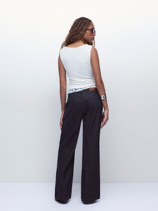 Denim Low Rise Washed Metal Detail Wide Leg Jeans