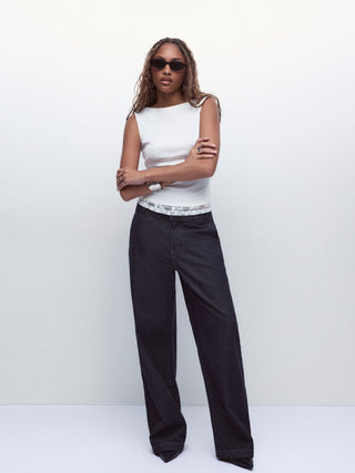 Denim Low Rise Washed Metal Detail Wide Leg Jeans