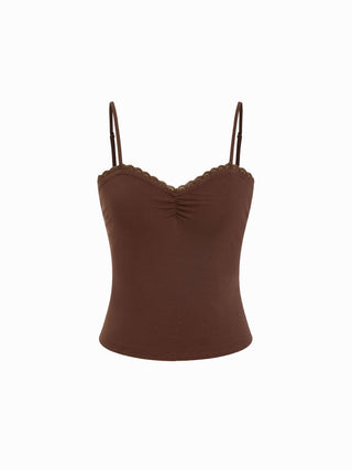 Stripe Sweetheart Neck Lace Trim Ruched Cami Top