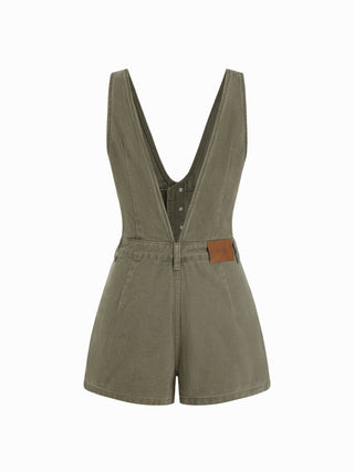 Denim V-Neck Button Front Metal Detail Jumpsuit