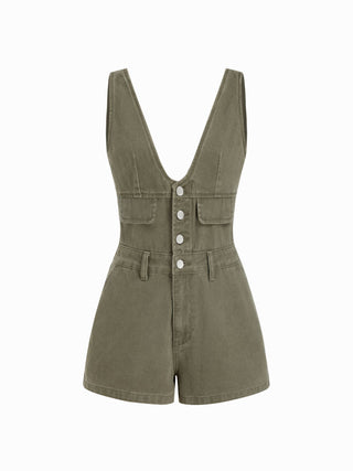 Denim V-Neck Button Front Metal Detail Jumpsuit