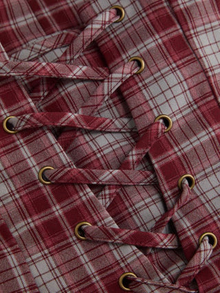 Plaid Halter Neckline Lace Up Milkmaid Mini Dress