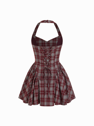Plaid Halter Neckline Lace Up Milkmaid Mini Dress