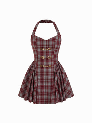 Plaid Halter Neckline Lace Up Milkmaid Mini Dress