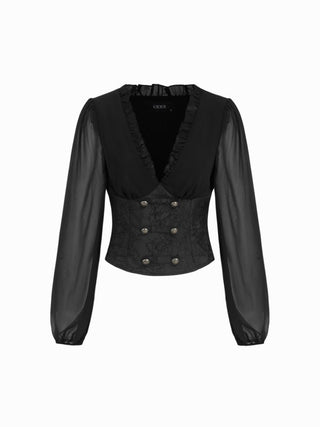 Jacquard Floral V-neck Lantern Sleeve Metal Detail Corset Blouse
