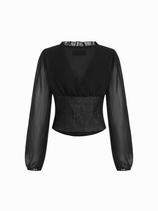 Jacquard Floral V-neck Lantern Sleeve Metal Detail Corset Blouse