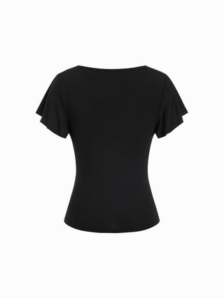 Rhinestone Graphic Cowl Neck Ruffle Sleeve Ruched Top