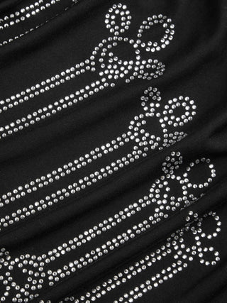 Rhinestone Graphic Cowl Neck Ruffle Sleeve Ruched Top