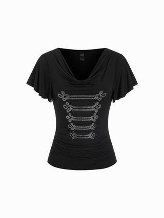 Rhinestone Graphic Cowl Neck Ruffle Sleeve Ruched Top