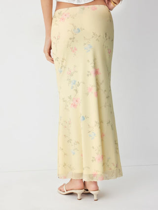 Mesh Mid Rise Floral Bowknot Lettuce Trim Mermaid Maxi Skirt