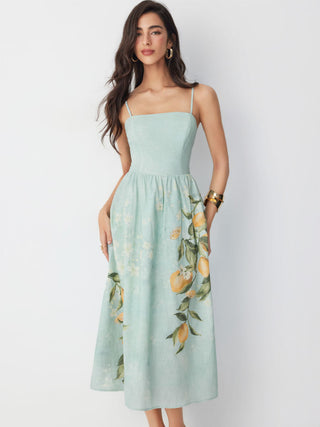 Cotton Fruit Graphic Square Neck Shirred Flared Cami Maxi Dress