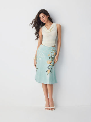 Satin Mid Rise Fruit Graphic Mermaid Midi Skirt