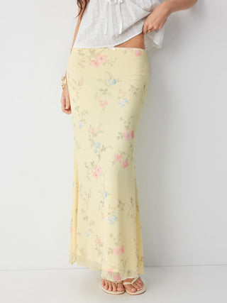 Mesh Mid Rise Floral Bowknot Lettuce Trim Mermaid Maxi Skirt