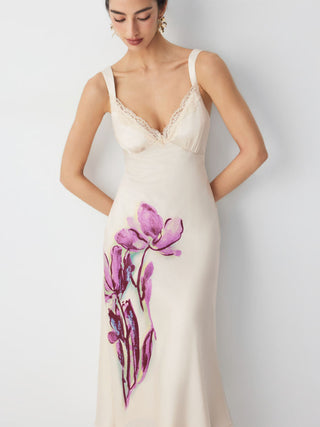 Satin Floral Graphic V-neck Lace Trim Maxi Dress