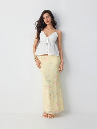 Mesh Mid Rise Floral Bowknot Lettuce Trim Mermaid Maxi Skirt