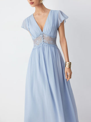 Chiffon V-neck Ruffle Sleeve Lace Detail Draped Flared Maxi Dress