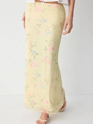 Mesh Mid Rise Floral Bowknot Lettuce Trim Mermaid Maxi Skirt