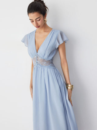Chiffon V-neck Ruffle Sleeve Lace Detail Draped Flared Maxi Dress