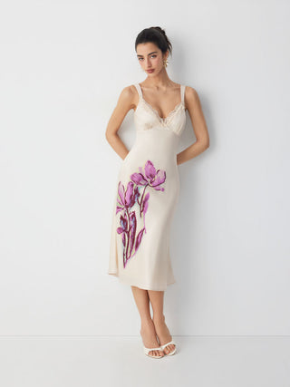 Satin Floral Graphic V-neck Lace Trim Maxi Dress