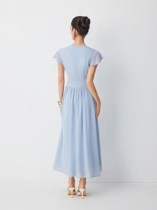 Chiffon V-neck Ruffle Sleeve Lace Detail Draped Flared Maxi Dress