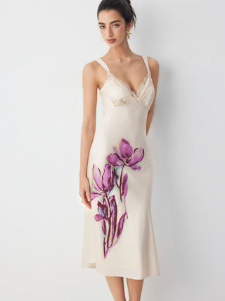 Satin Floral Graphic V-neck Lace Trim Maxi Dress