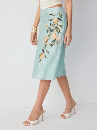 Satin Mid Rise Fruit Graphic Mermaid Midi Skirt