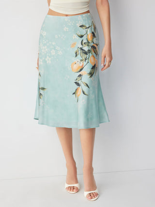 Satin Mid Rise Fruit Graphic Mermaid Midi Skirt