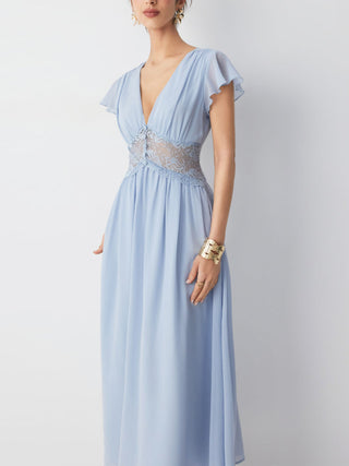 Chiffon V-neck Ruffle Sleeve Lace Detail Draped Flared Maxi Dress