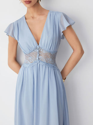 Chiffon V-neck Ruffle Sleeve Lace Detail Draped Flared Maxi Dress