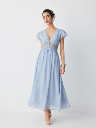 Chiffon V-neck Ruffle Sleeve Lace Detail Draped Flared Maxi Dress