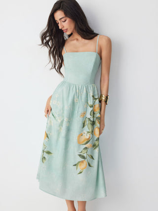 Cotton Fruit Graphic Square Neck Shirred Flared Cami Maxi Dress