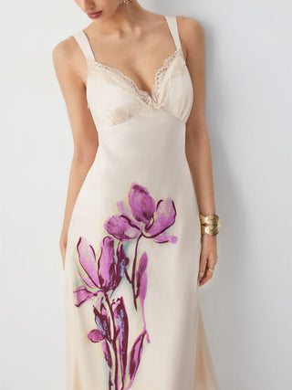 Satin Floral Graphic V-neck Lace Trim Maxi Dress