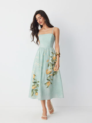 Cotton Fruit Graphic Square Neck Shirred Flared Cami Maxi Dress